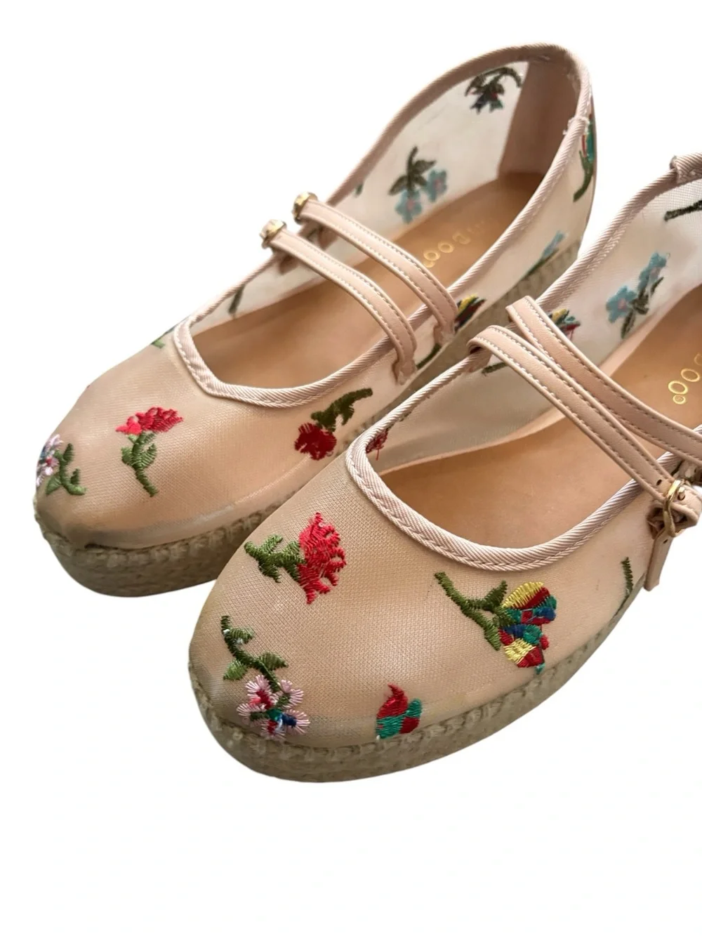 Bamboo Beige Embroidered Mary Jane Espadrille Flats size 5.5